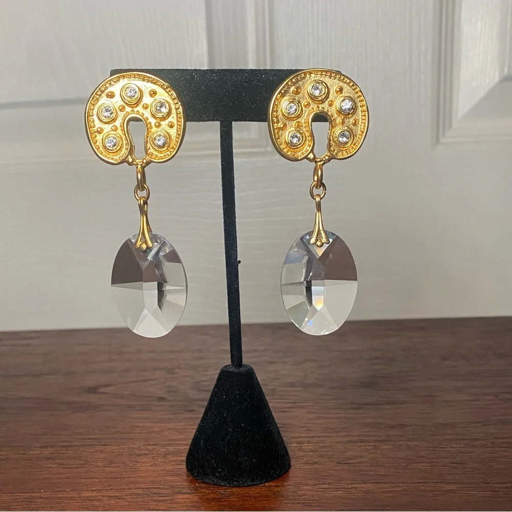 Gold Tone Drop Earrings | Faceted Clear Dangles Statement - Picture 1 of 11